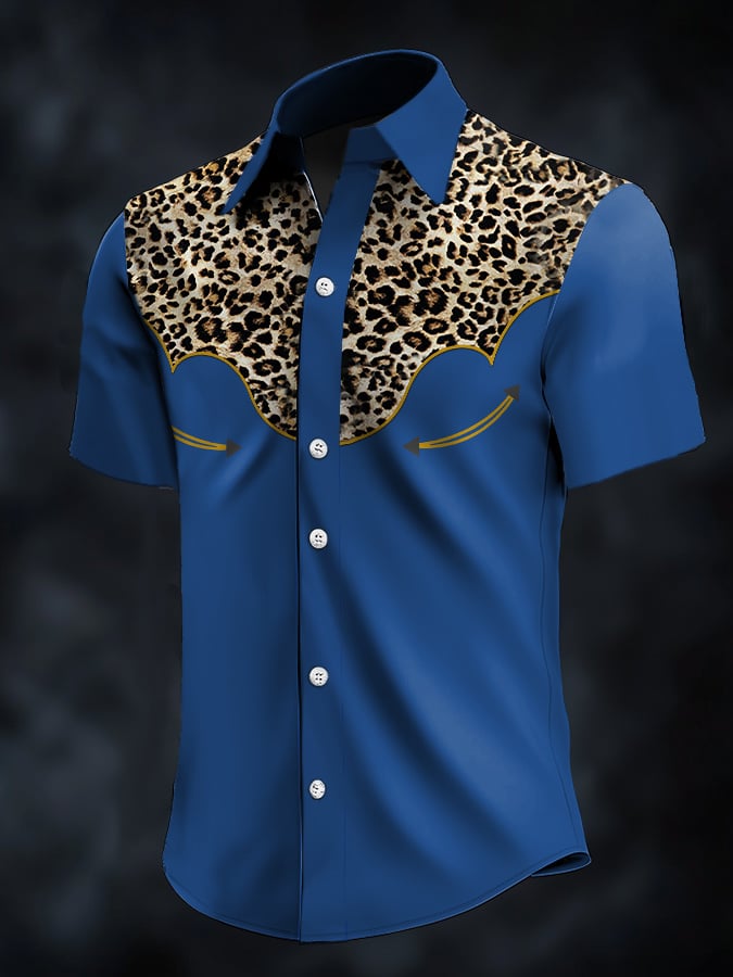 Men's Retro Western Contrast Print Short Sleeve Casual Shirt