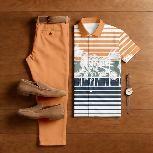 Men's Casual Orange & Navy Blue Color Matching Striped & Trees Print Short-Sleeve Shirt & Trousers Two-Piece Set