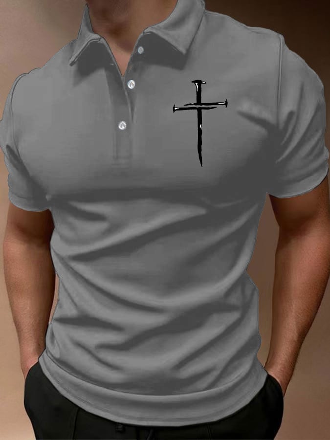 Men's Casual Cross Print Button Collar Polo Top