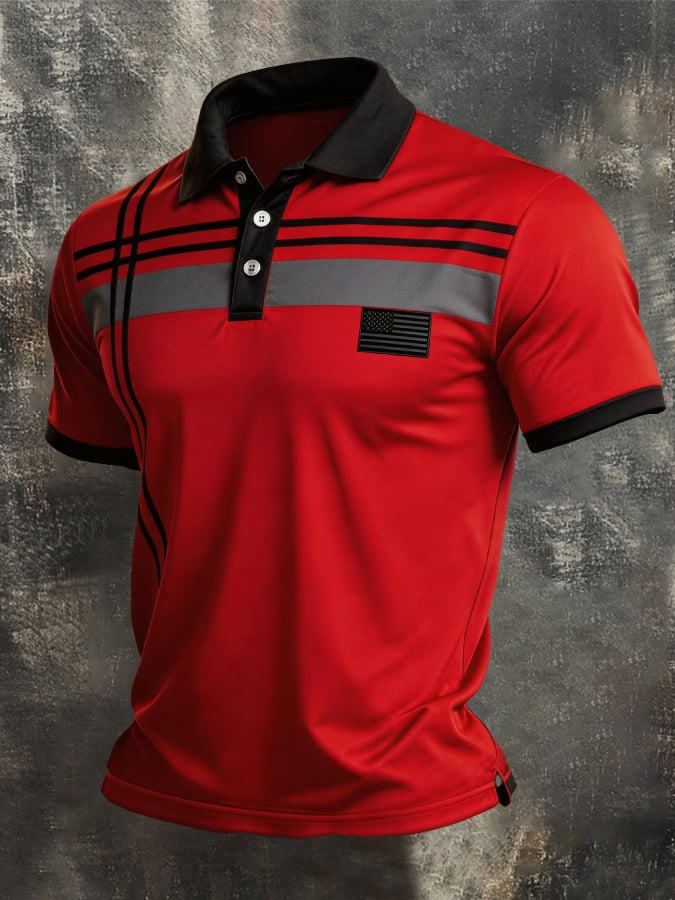Men's Retro Patriot Color Block Polo Collar Short Sleeve
