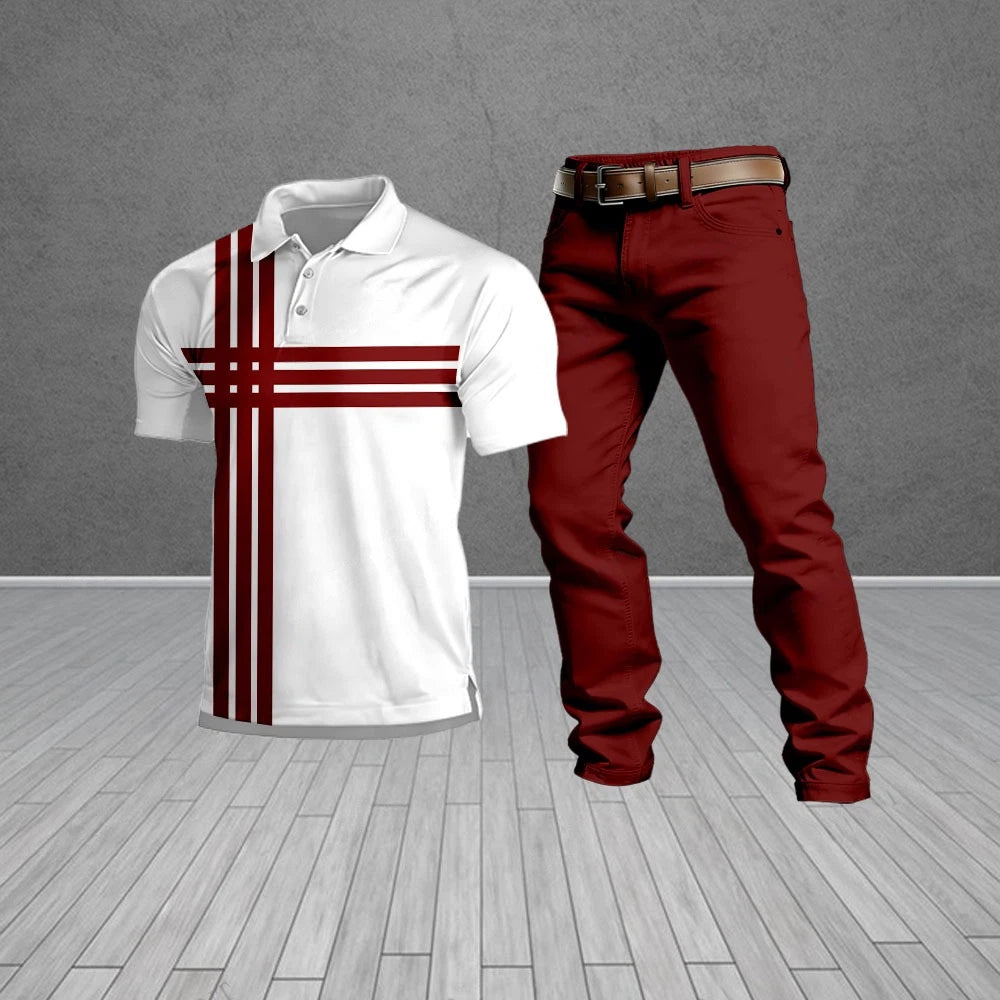 Men's Casual White & Red Striped Short-Sleeved Polo Shirt And Trousers Two-Piece Set