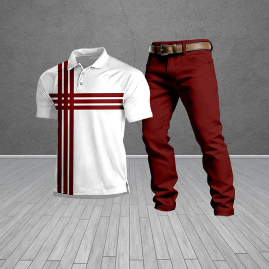 Men's Casual White & Red Striped Short-Sleeved Polo Shirt And Trousers Two-Piece Set