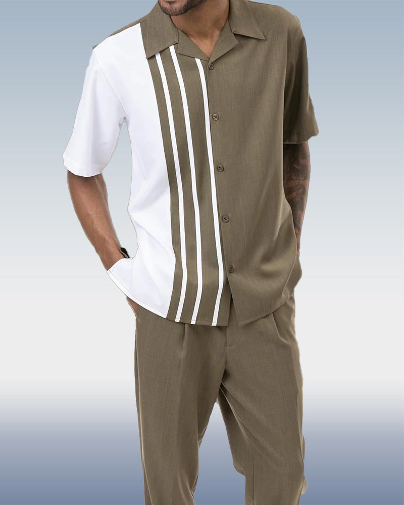 Olive Striped Color Block Walking Suit 2 Piece Short Sleeve Set