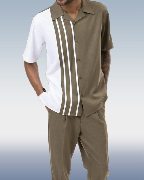 Olive Striped Color Block Walking Suit 2 Piece Short Sleeve Set