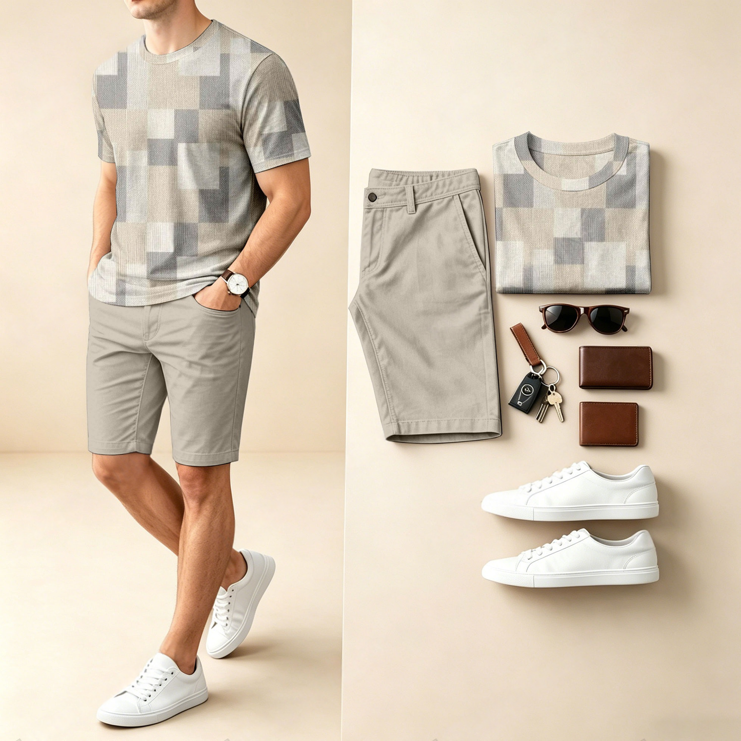 Men's Casual Color-Blocked Printed Round-Neck Short-Sleeve T-Shirt And Shorts Two-Piece Set