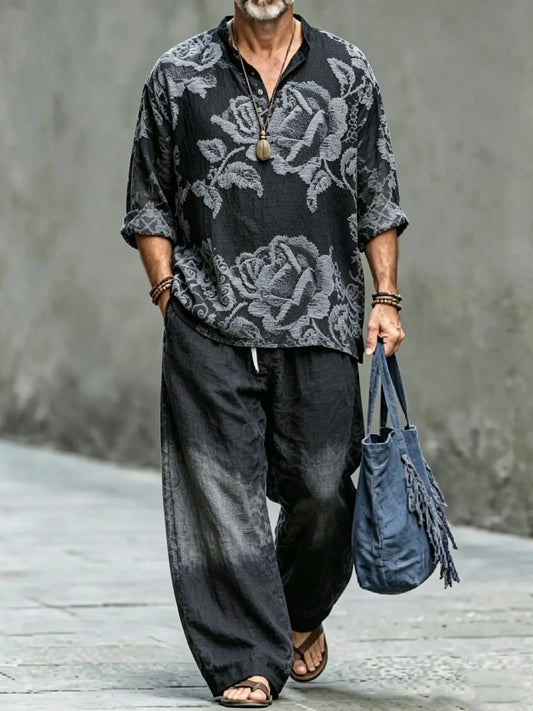 Men's Vintage Abstract Art Printed Cotton Shirt Set (Top & Pants)