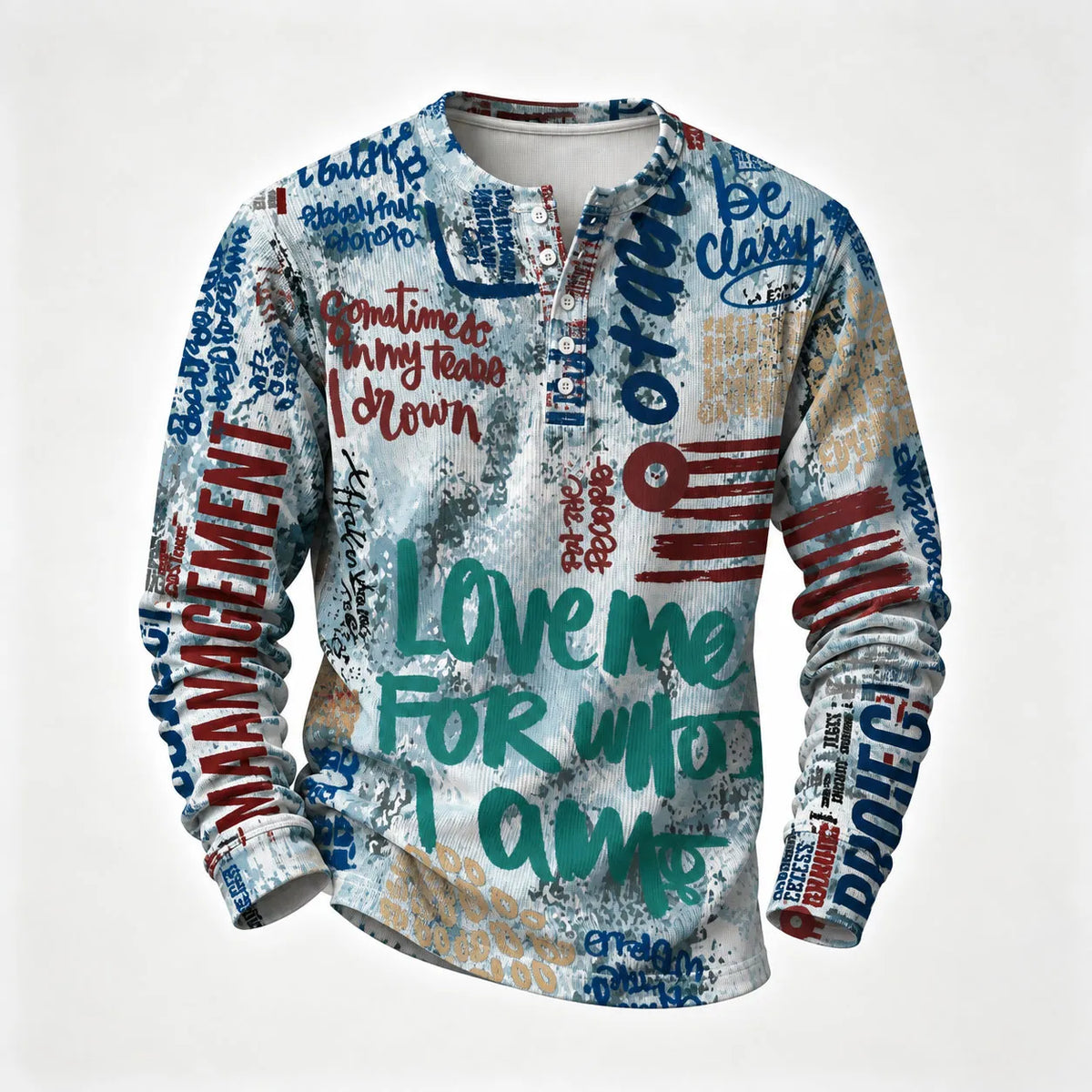 Men's Printed Henley-Neck Long-Sleeve Shirt