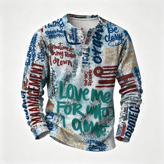 Men's Printed Henley-Neck Long-Sleeve Shirt