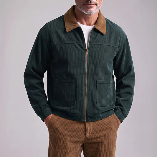 Men's Vintage Contrast Turndown Collar Patch Pocket Zip Up Corduroy Bomber Jacket