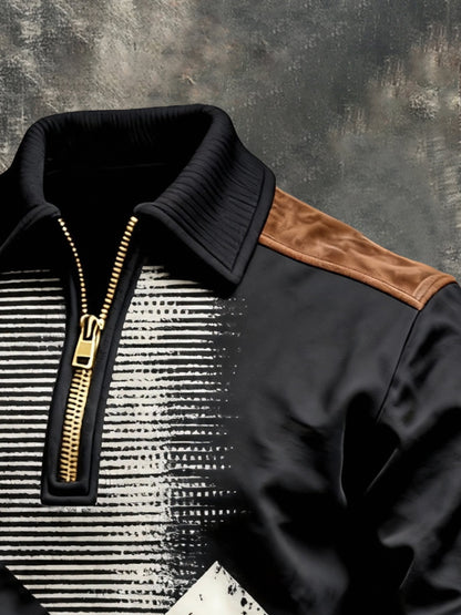 Men's Vintage Color-Block Printed Zip-Up Hoodie