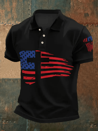 Men's Faith Cross America Flag Printed Short Sleeve POLO T-shirt