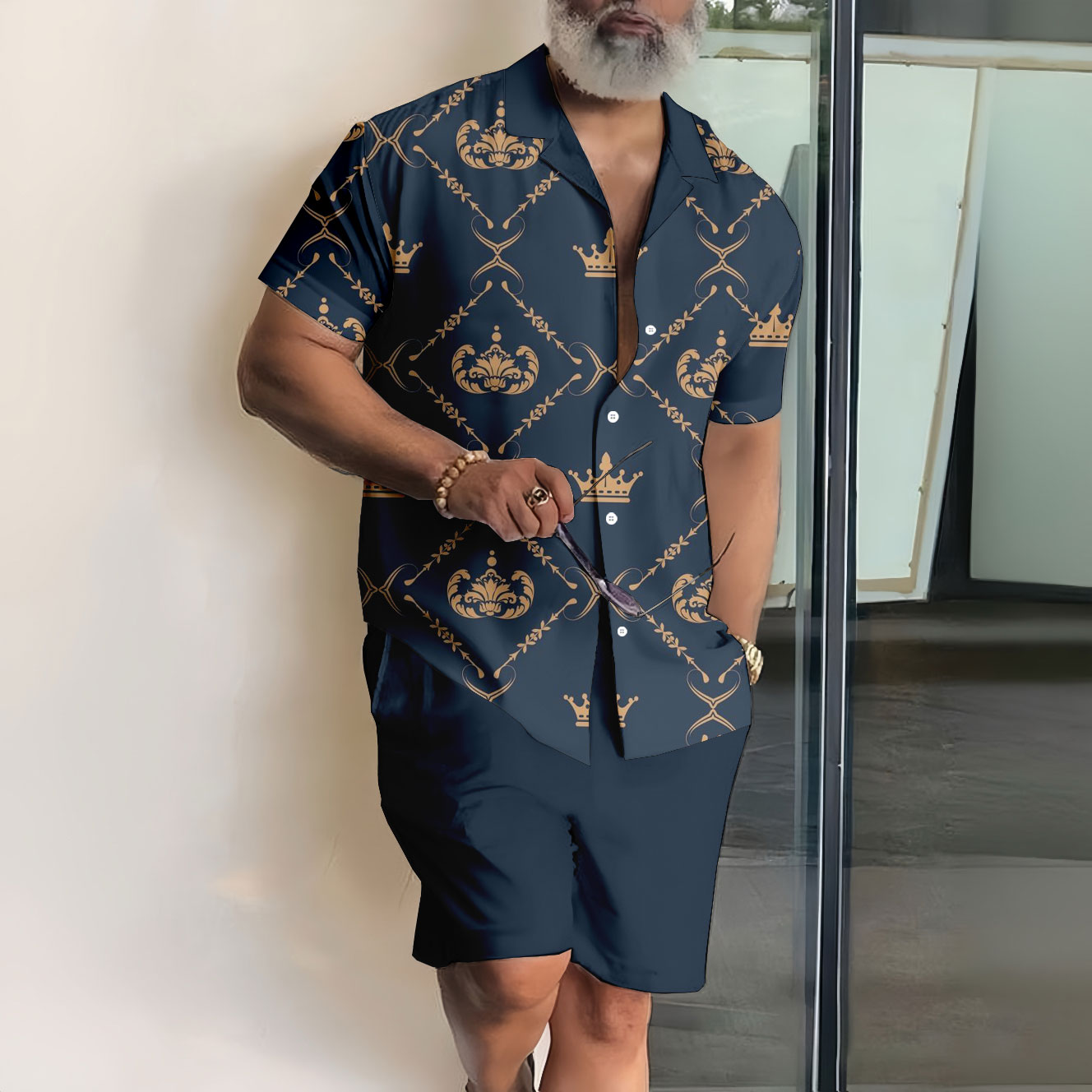 Men's Fashion Casual Lapel Printed Short Sleeve Shirt Two-Piece Set