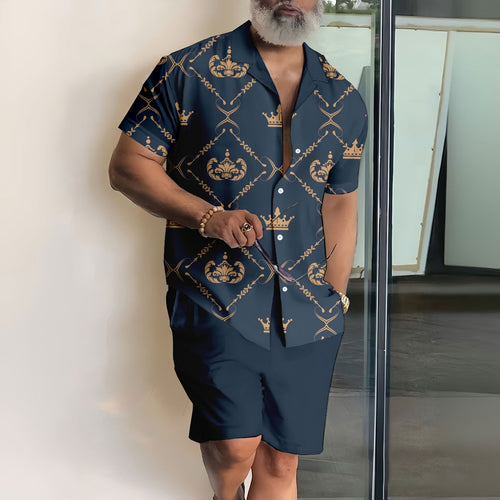 Men's Fashion Casual Lapel Printed Short Sleeve Shirt Two-Piece Set
