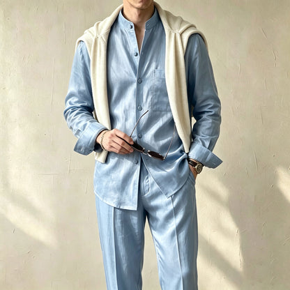 Men's Casual Solid-Color Printed Stand-Collar Long-Sleeve Shirt and Pants Two-Piece Set