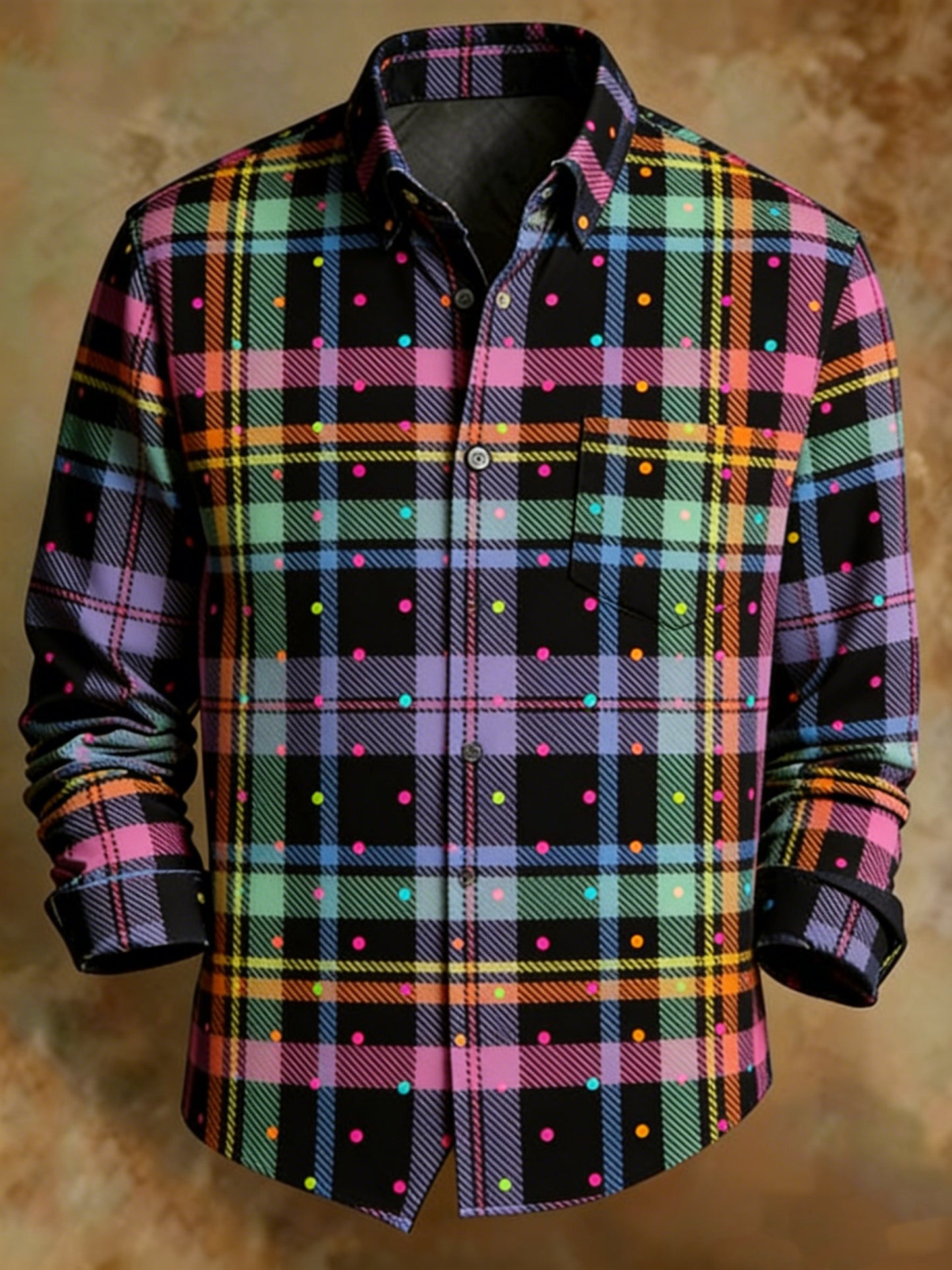 Retro Neon Polka Dot Plaid Shirt Men's Black Multicolor Grid Button-Up Casual Shirt