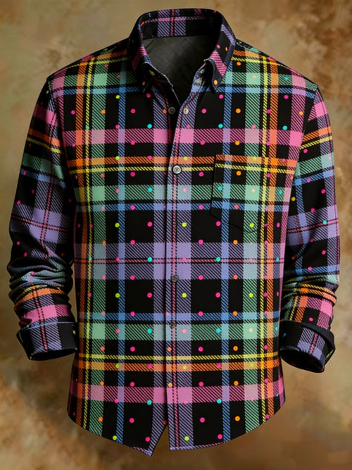 Retro Neon Polka Dot Plaid Shirt Men's Black Multicolor Grid Button-Up Casual Shirt