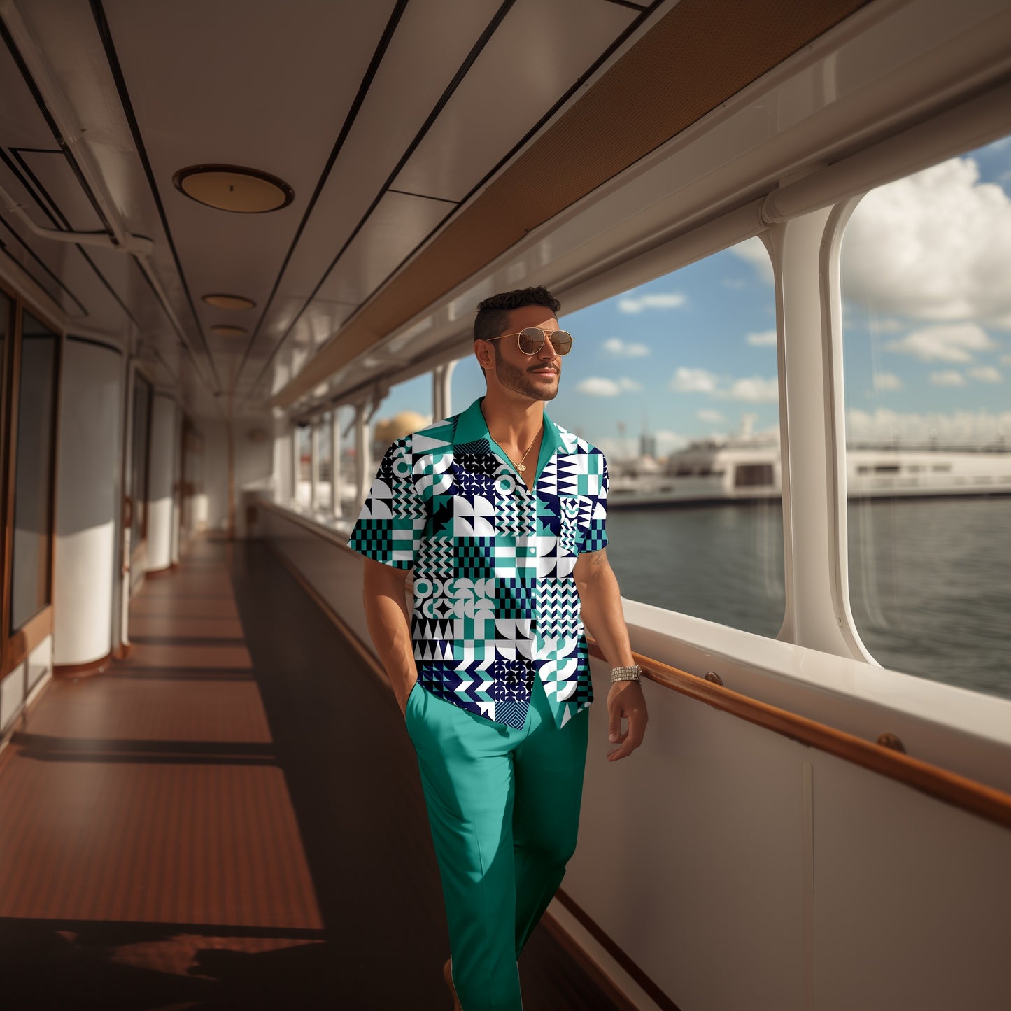 Men's retro colorblock short-sleeved shirt walking Suit 1675