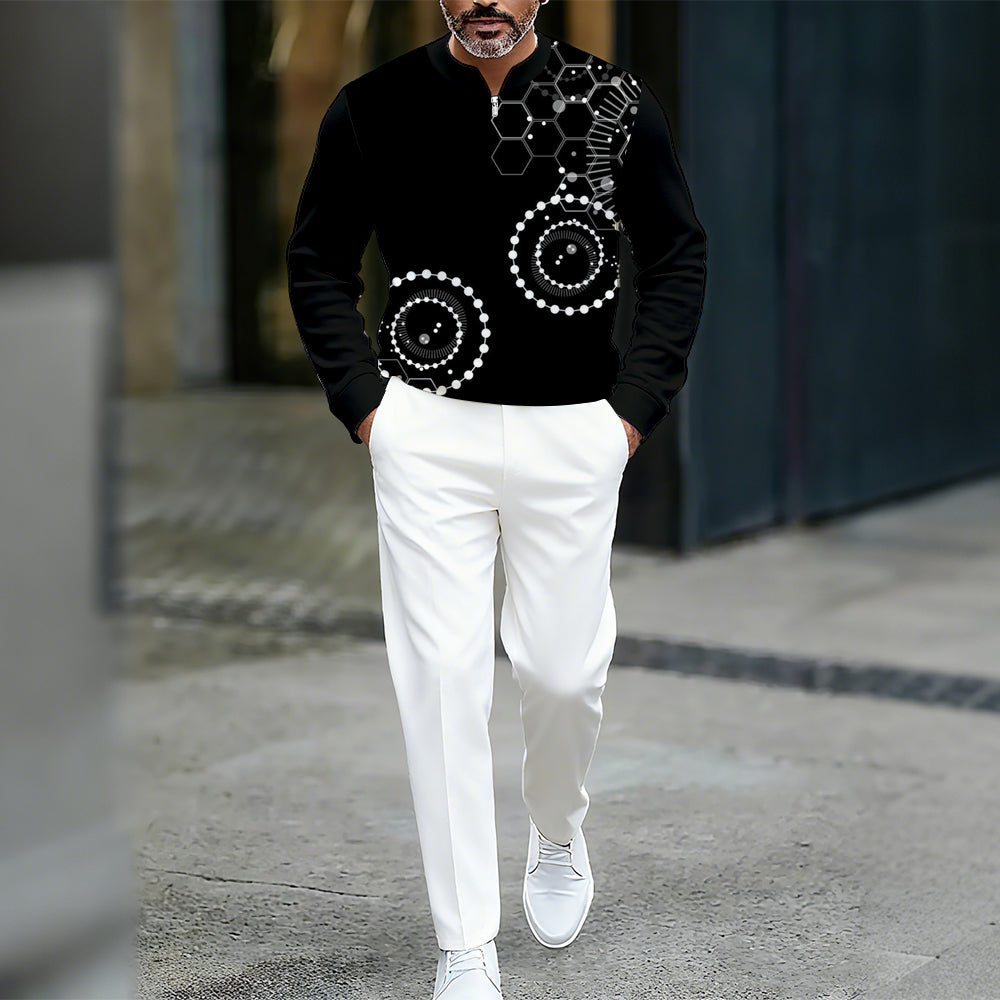 Men's Casual Color Matching Printed Round-Neck Zipper Long Sleeved Trousers Two-Piece Set