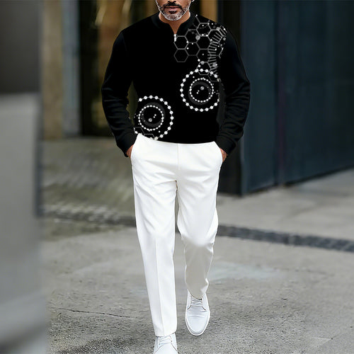 Men's Casual Color Matching Printed Round-Neck Zipper Long Sleeved Trousers Two-Piece Set