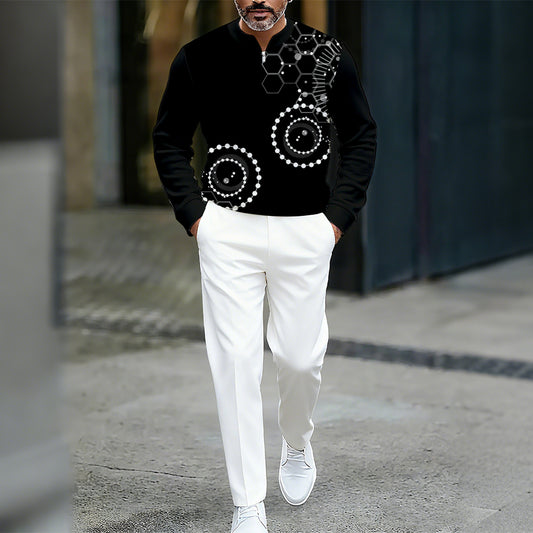 Men's Casual Color Matching Printed Round-Neck Zipper Long Sleeved Trousers Two-Piece Set