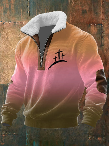 Men's Vintage Faith Printed Zip Fur Collar Long Sleeve Textured Sweatshirt