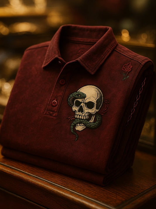 Men's Business Casual Skull Print Button-Down Polo Shirt