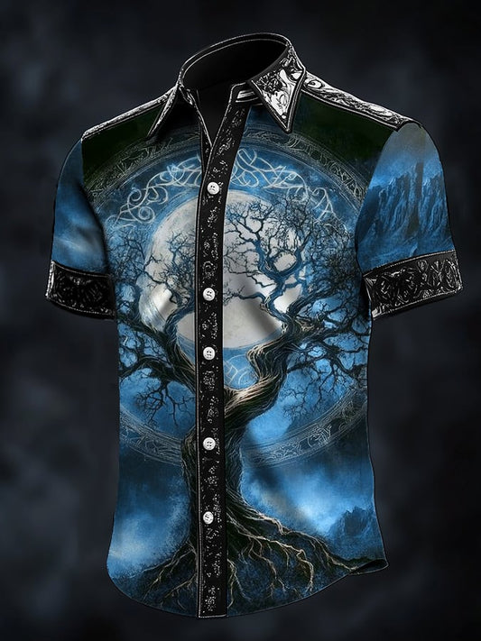 Men's Casual Dark Viking Tree Of Life Print Satin Shirt