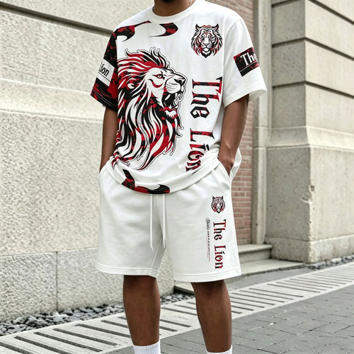 Men's Casual Lion-Print Round-Neck Short-Sleeve T-Shirt and Shorts Two-Piece Set