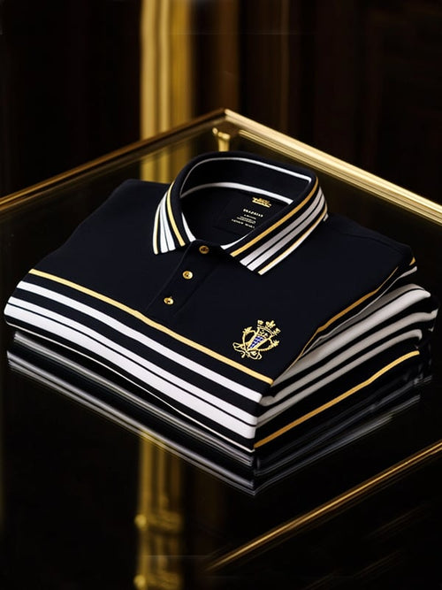 Men's Retro Business Stripe Print Long Sleeve Polo Shirt