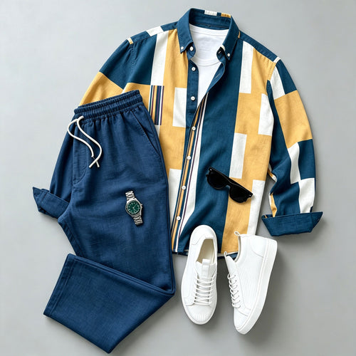 Men's Multi-Color Block-Print Long-Sleeve Shirt and Pants Set