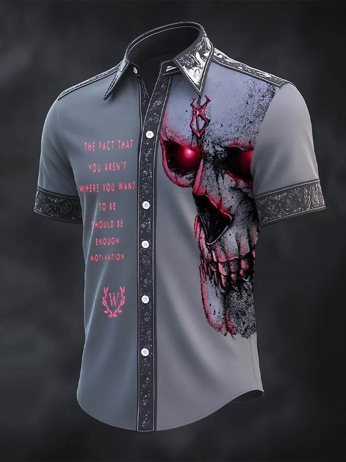 Men's Retro Western Gothic Skull Print Short Sleeve Shirt