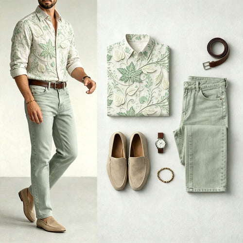 Men's Floral-Print Long-Sleeve Shirt and Jeans Set