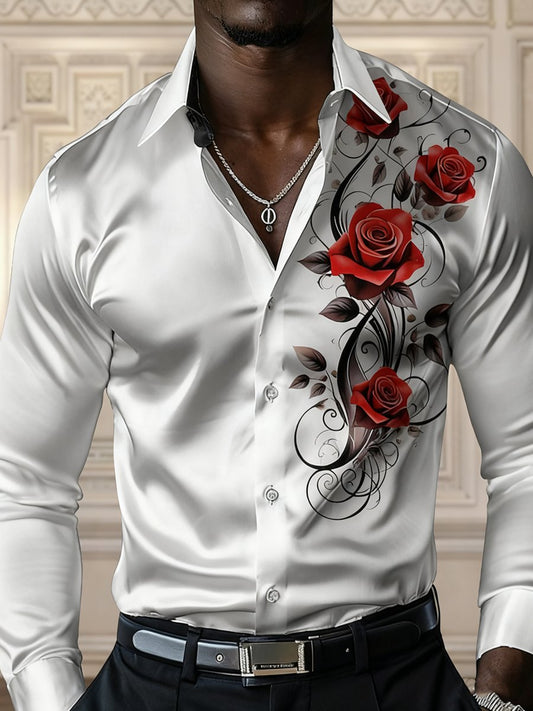 Men's Luxury Vintage Rose Floral Long-Sleeved Shirt