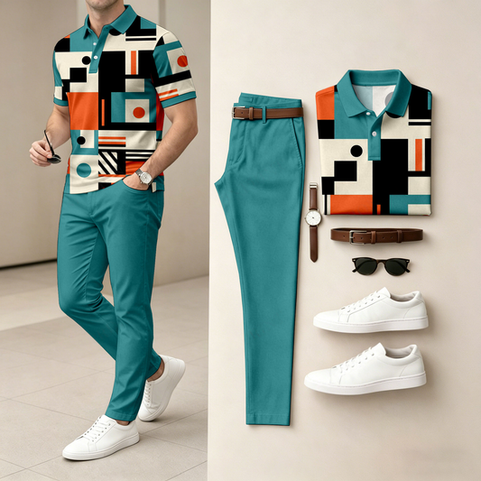 Men's Casual Color-Blocked Printed Short-Sleeve Polo Shirt And Pants Set (Excludes Accessories Such As Watches And Belts)