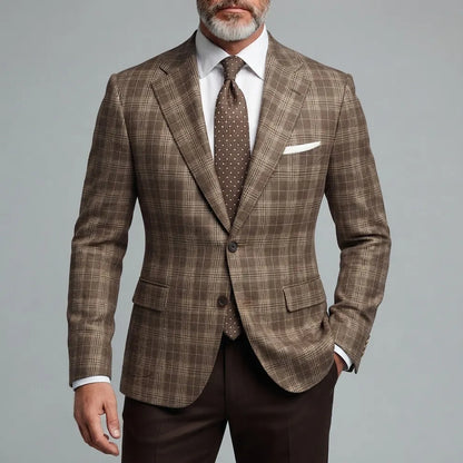 Men's Classic Formal Plaid Notched Lapel Two Button Long Sleeve Blazer