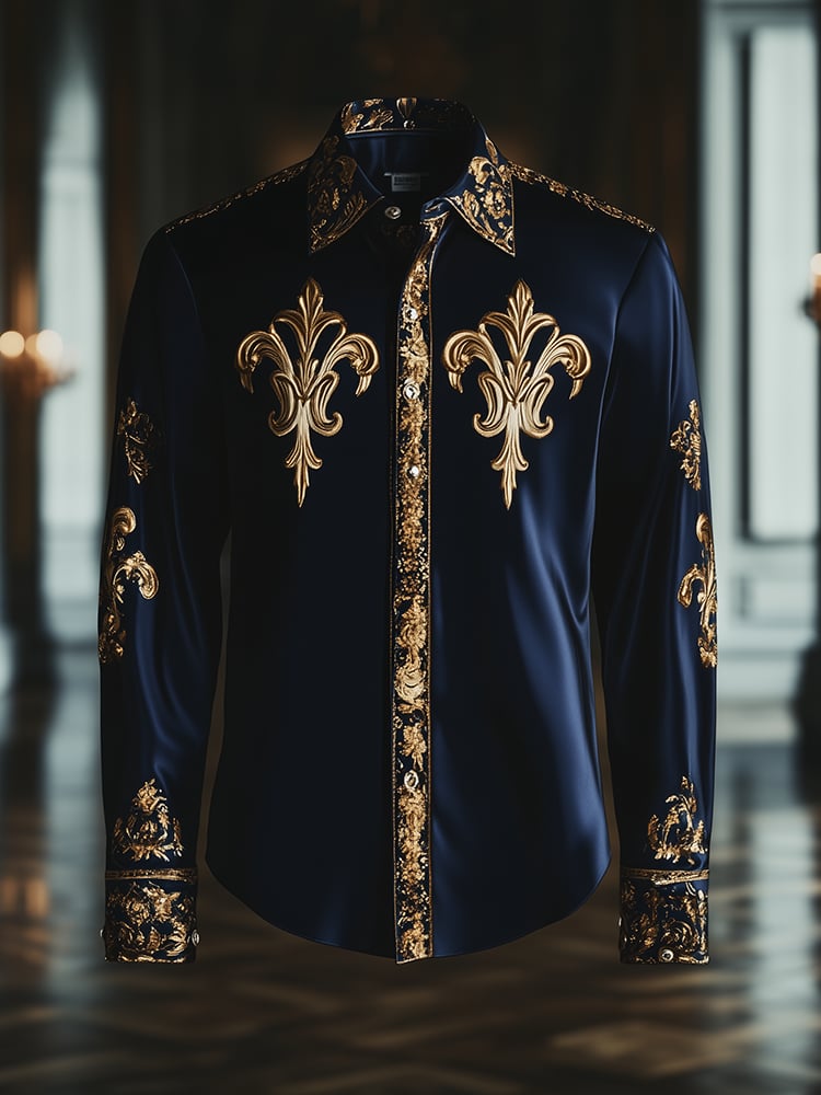 Men's Satin Luxe Iris Baroque Long Sleeve Button Down Shirt