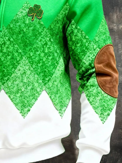 (Detachable Shamrock Brooch Included) Men's St. Patrick's Day Printed Color-Block Zip-Up Hoodie