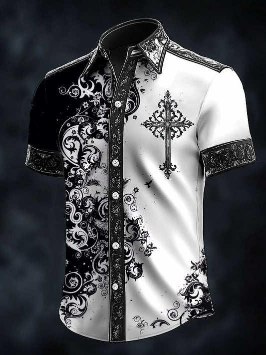 Men's Casual Fashion Dark Pattern Cross Crow Contrast Satin Shirt