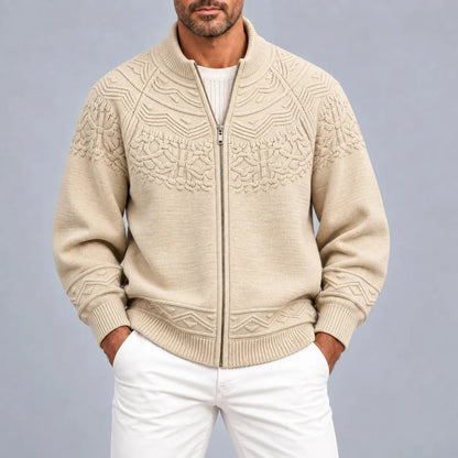 Men's Khaki Geometric Cable Knit Texture Casual Zip-Up Cardigan