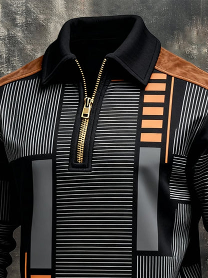 Men's Retro Color Block Print Zipper Sweatshirt