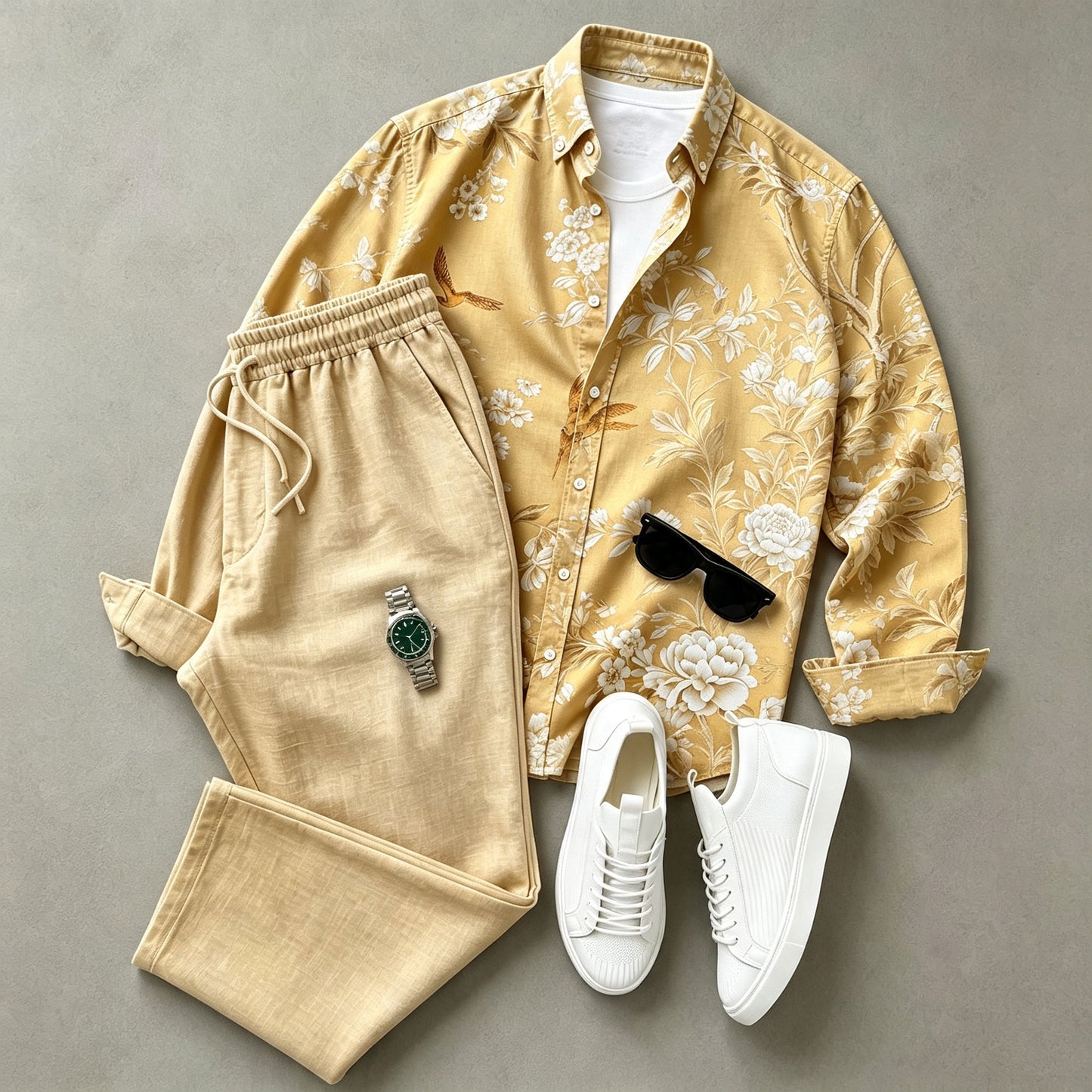 Men's Floral-Print Long-Sleeve Shirt and Pants Set