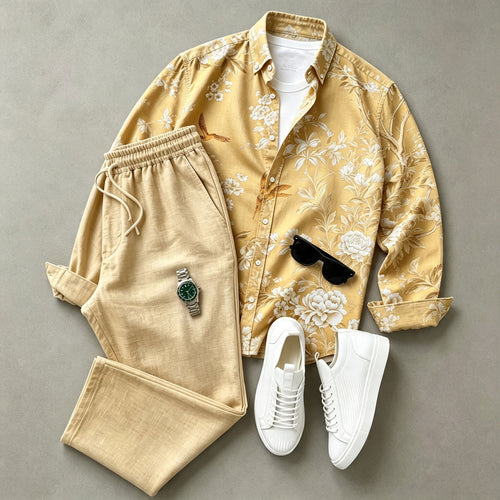 Men's Floral-Print Long-Sleeve Shirt and Pants Set