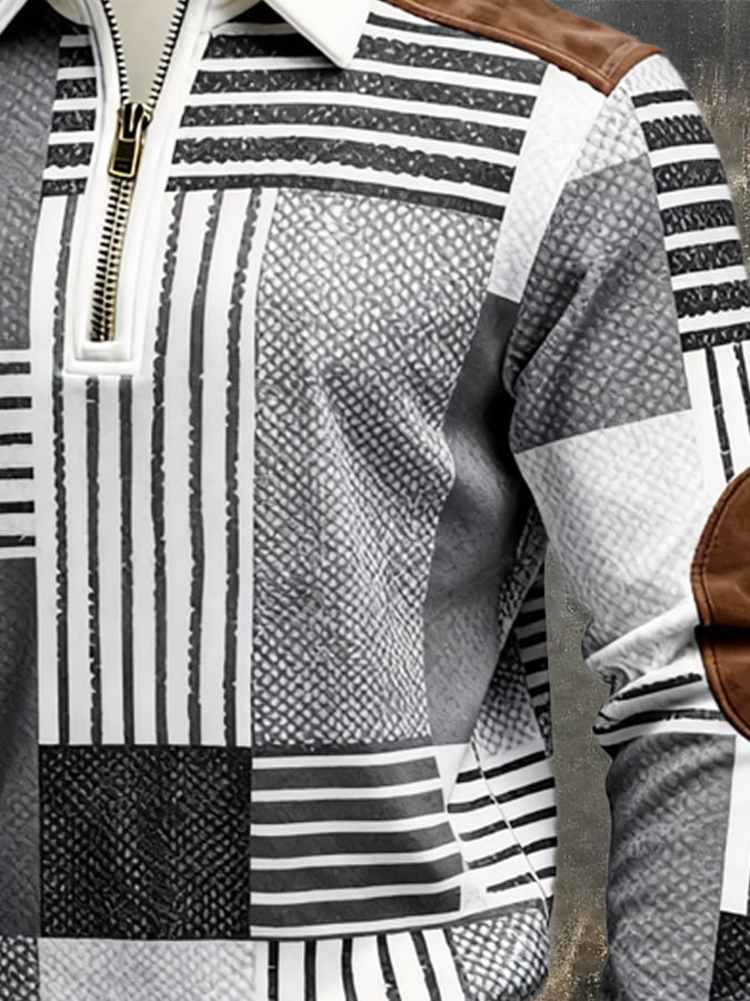 Men's Retro Color Block Print Zipper Sweatshirt