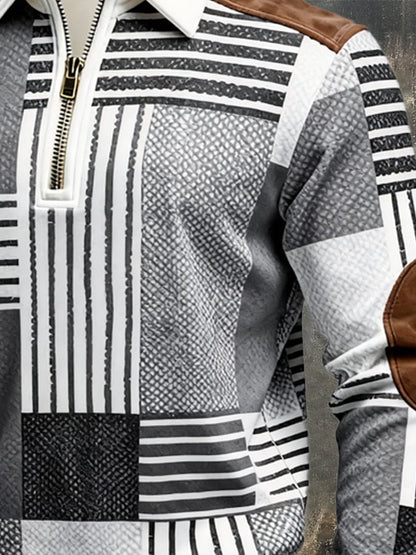 Men's Retro Color Block Print Zipper Sweatshirt