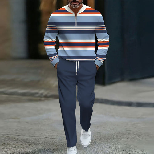 Men's Casual Blue Multi Striped Printed Round Neck Zipper Long-Sleeve Sweatshirt & Pants Two-Piece Set