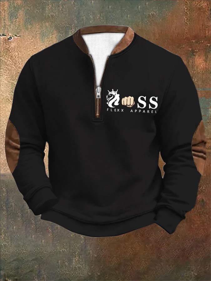 Men's Retro Letter Design Printed Zipper Collar Sweatshirt