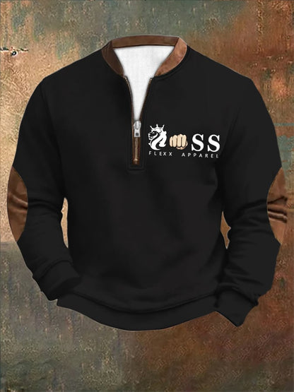 Men's Retro Letter Design Printed Zipper Collar Sweatshirt