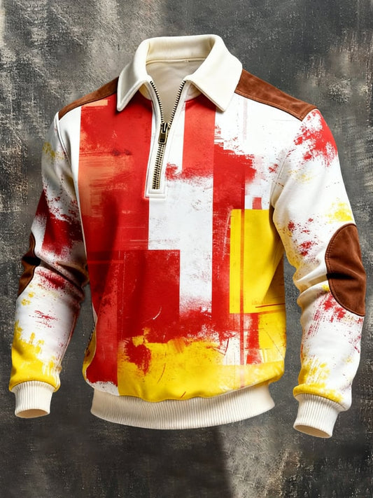 Men'S Vintage Color-Block Printed Zip-Up Sweatshirt