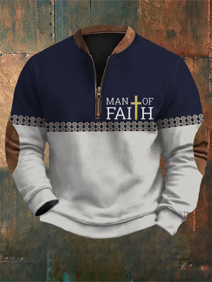 Men's Retro Western Style Faith Cross Print Zipper Neck Sweatshirt