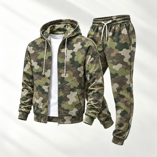 Men's Camouflage Hooded Cardigan and Sweatpants Set